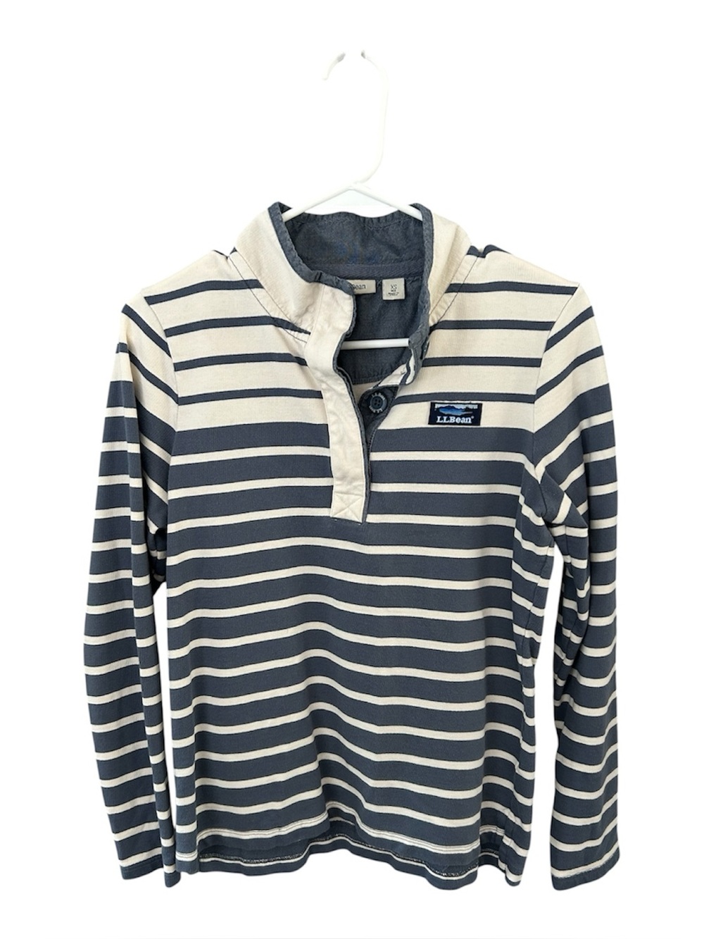 L.L.Bean Striped Quarter-Button Up Pullover - Navy & Cream
